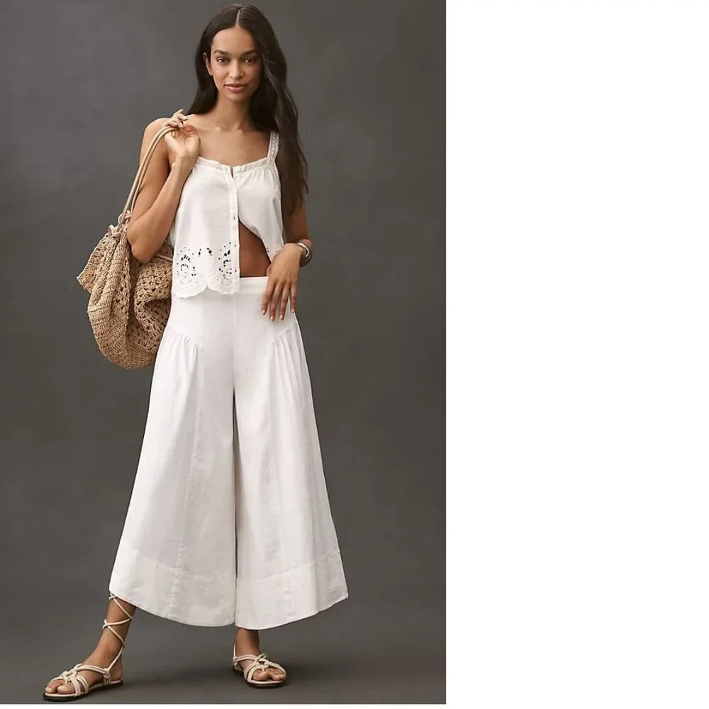 By Anthropologie Linen Extended Waist Pants size 12 white new